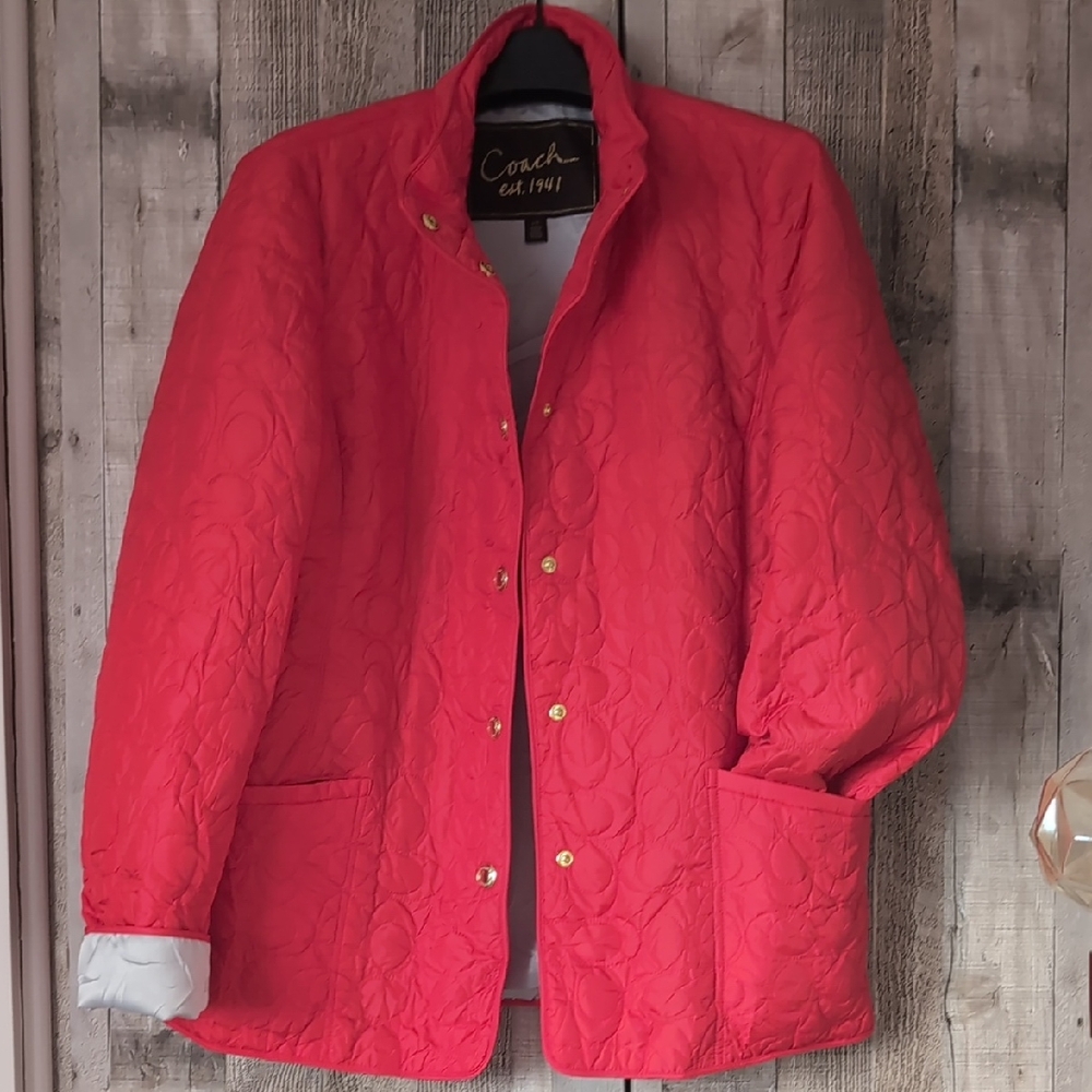 Coach Vibrant Coral Monogram Quilted Jacket